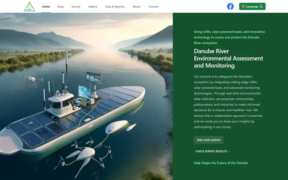 Homepage of dreamproject.eco showing a solar-powered monitoring vessel and drones on the Danube