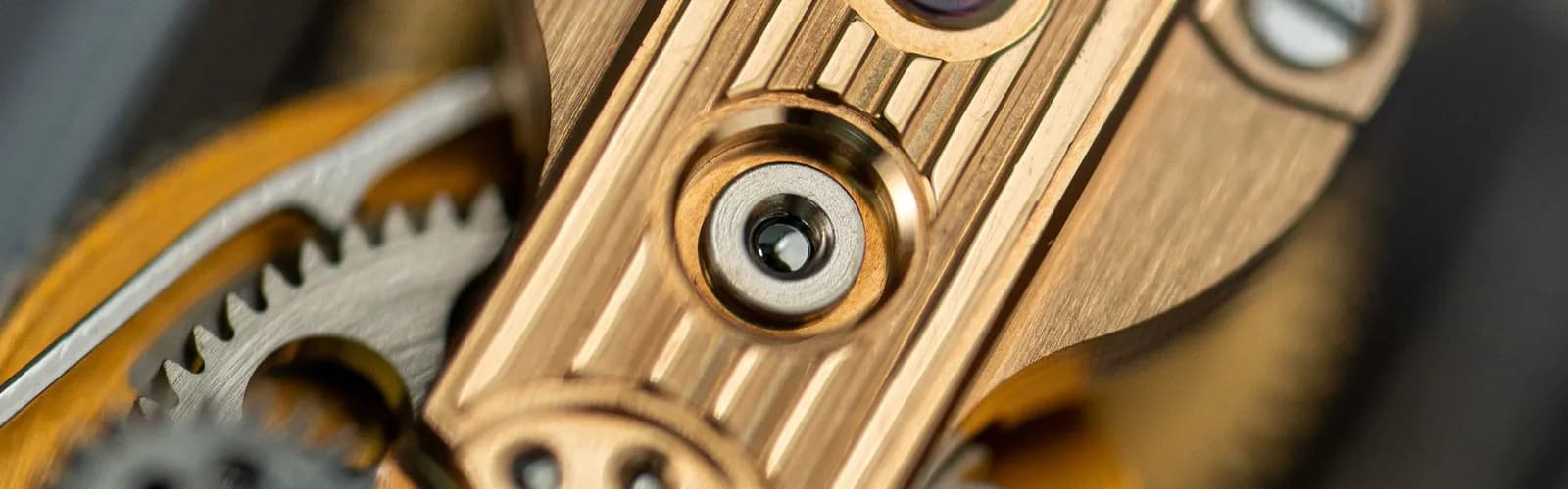 Macro photograph of a mechanical watch movement with fine gears
